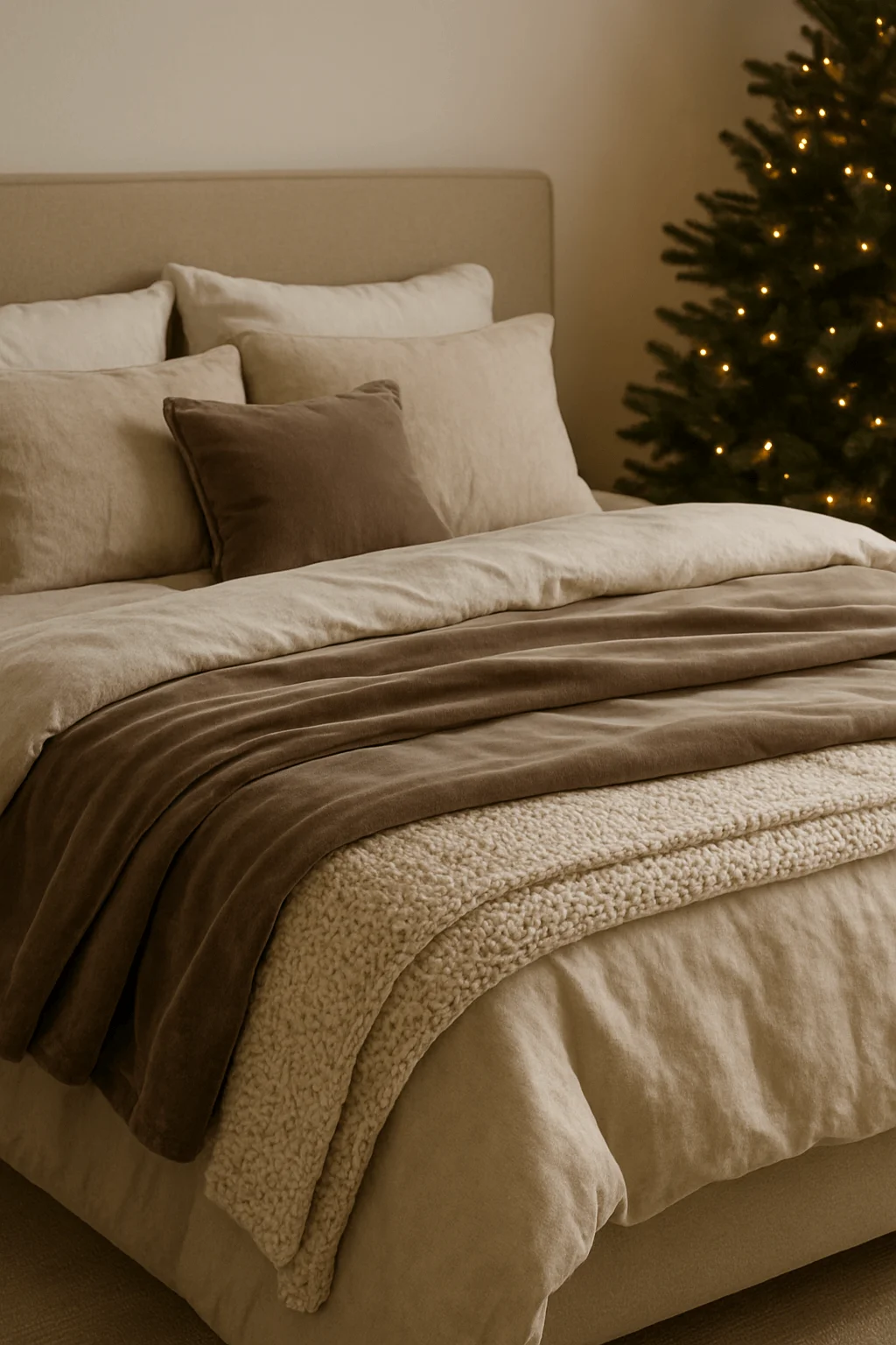 This image highlights a cozy, neutral-toned bedroom styled for the winter season. The bed features layers of plush bedding, soft linens, a velvety brown throw, and a textured knit blanket, creating warmth and depth. A softly lit Christmas tree in the background adds a festive but understated touch, perfectly balancing minimalism and comfort.