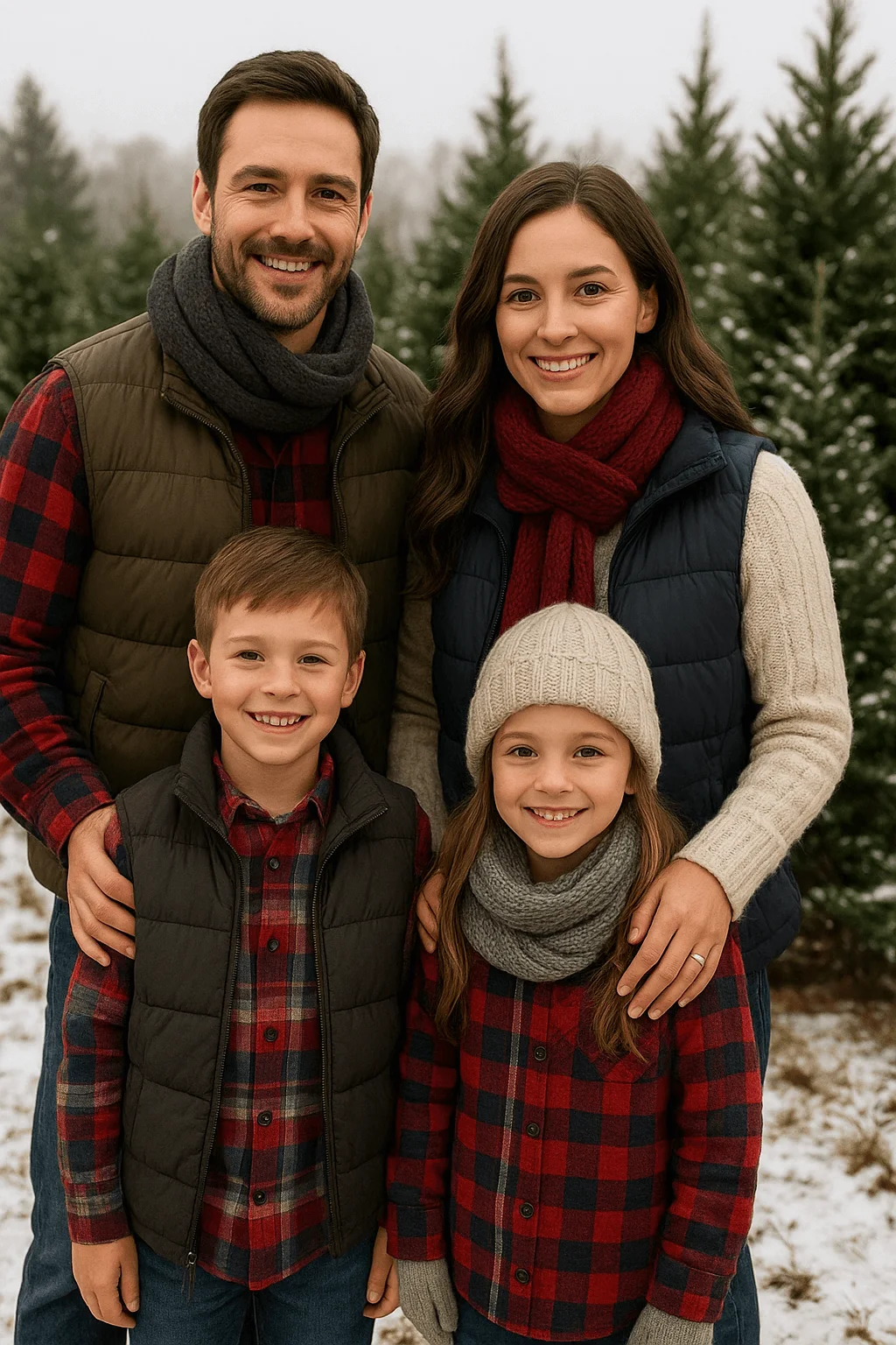 Family dressed in coordinated winter layers and red plaid flannel shirts posing at a Christmas tree farm, wearing puffer vests, knit scarves, and hats, smiling outdoors in the snow.