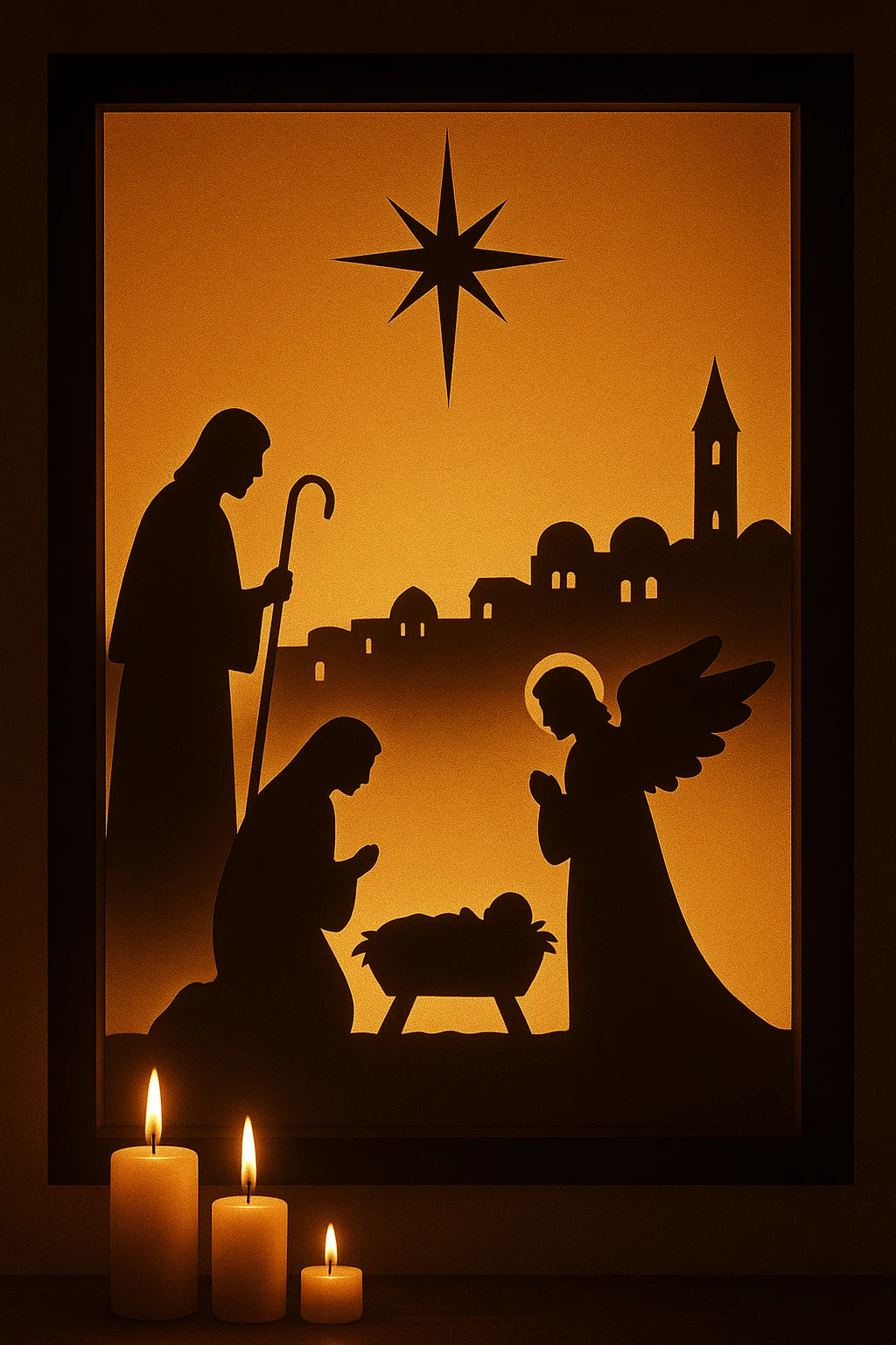 Backlit nativity silhouette with star above baby Jesus and candles glowing under Bethlehem scene