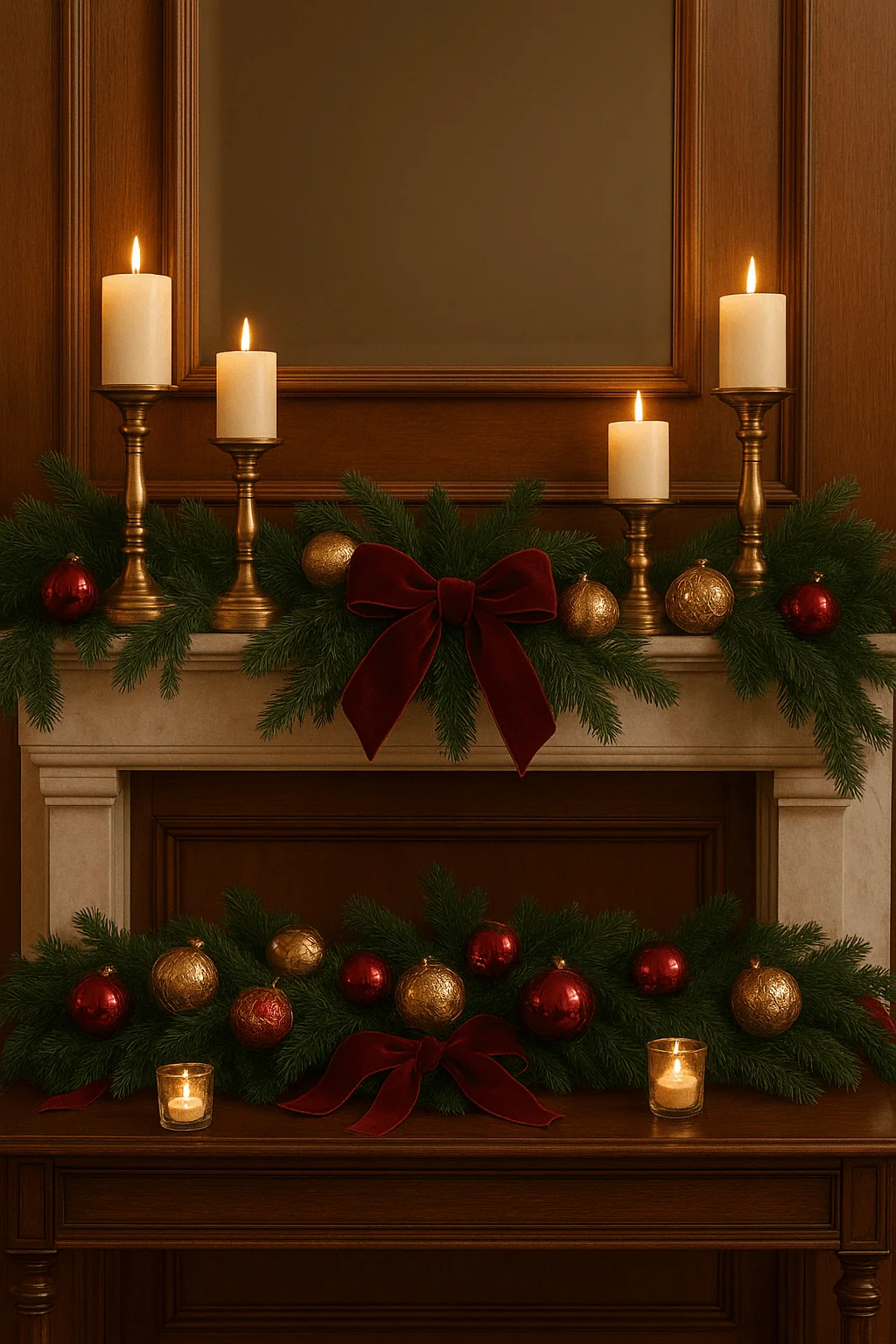 Elegant Christmas mantel and console display with pine garlands, red and gold ornaments, large velvet bows, and gold candlesticks holding lit candles against dark wood paneling.