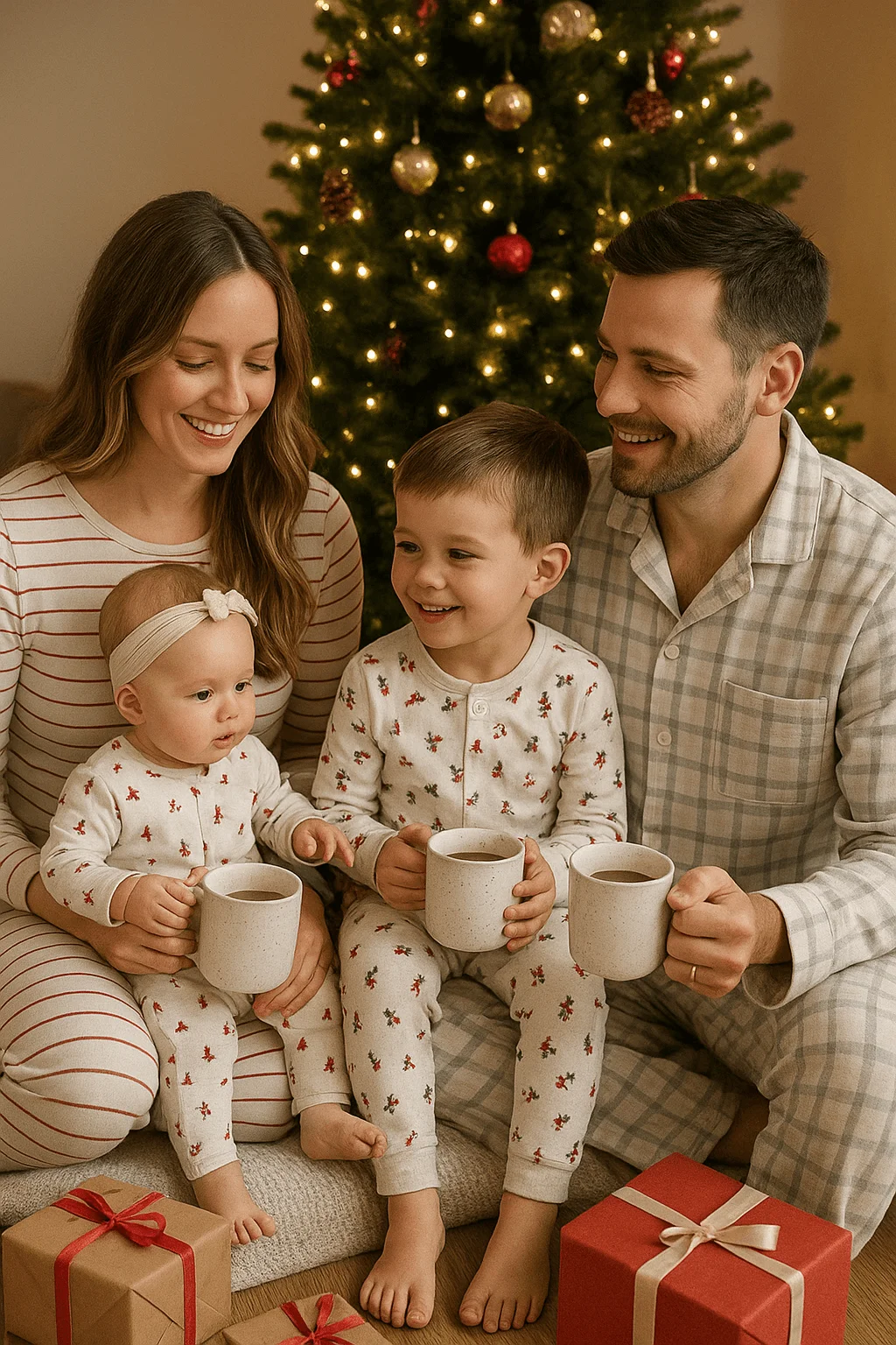 Family Christmas morning photo with parents and two children wearing matching holiday pajamas sitting by the Christmas tree holding mugs with wrapped gifts in front