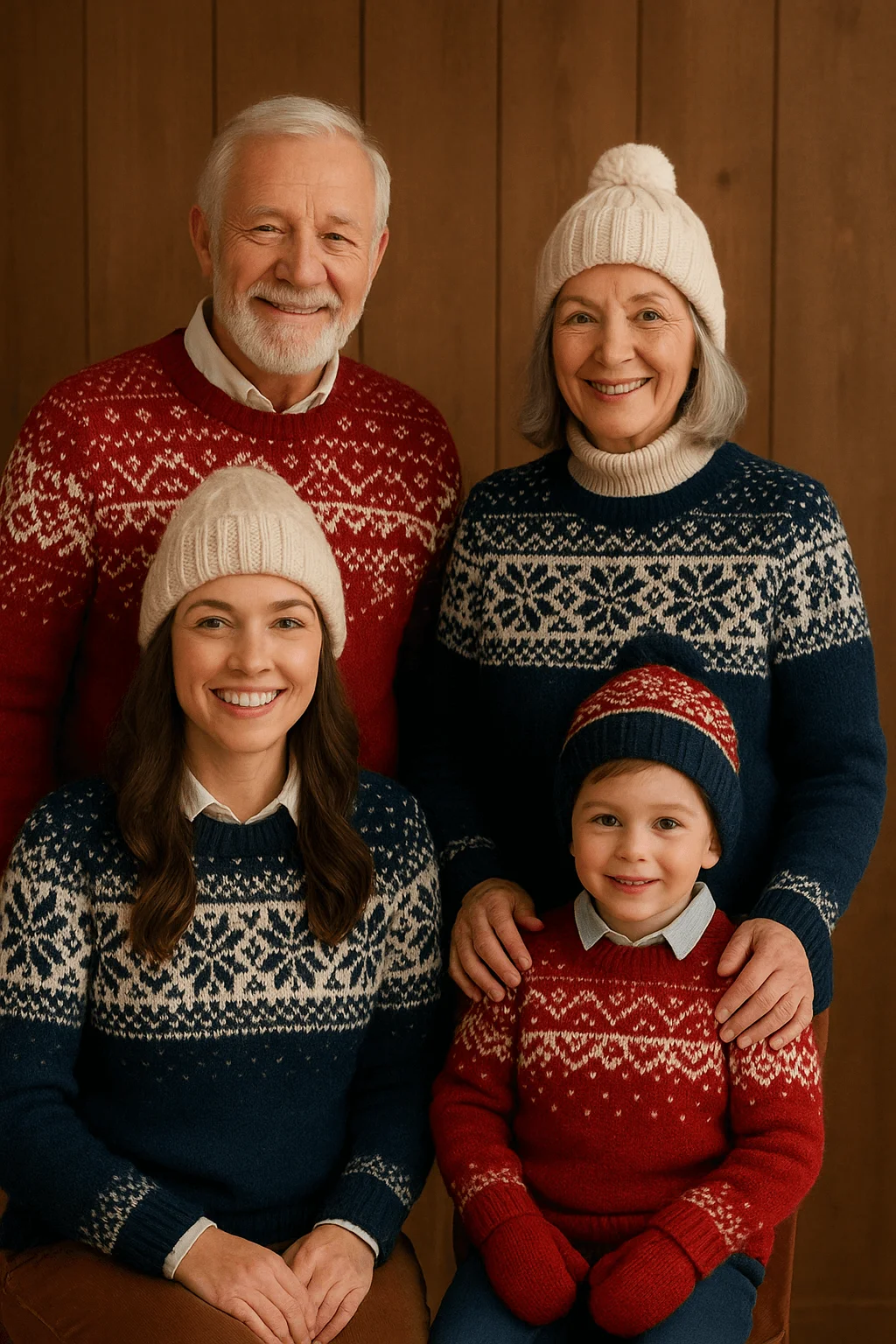 Family wearing matching red and navy Fair Isle sweaters posing for cozy Christmas photos indoors