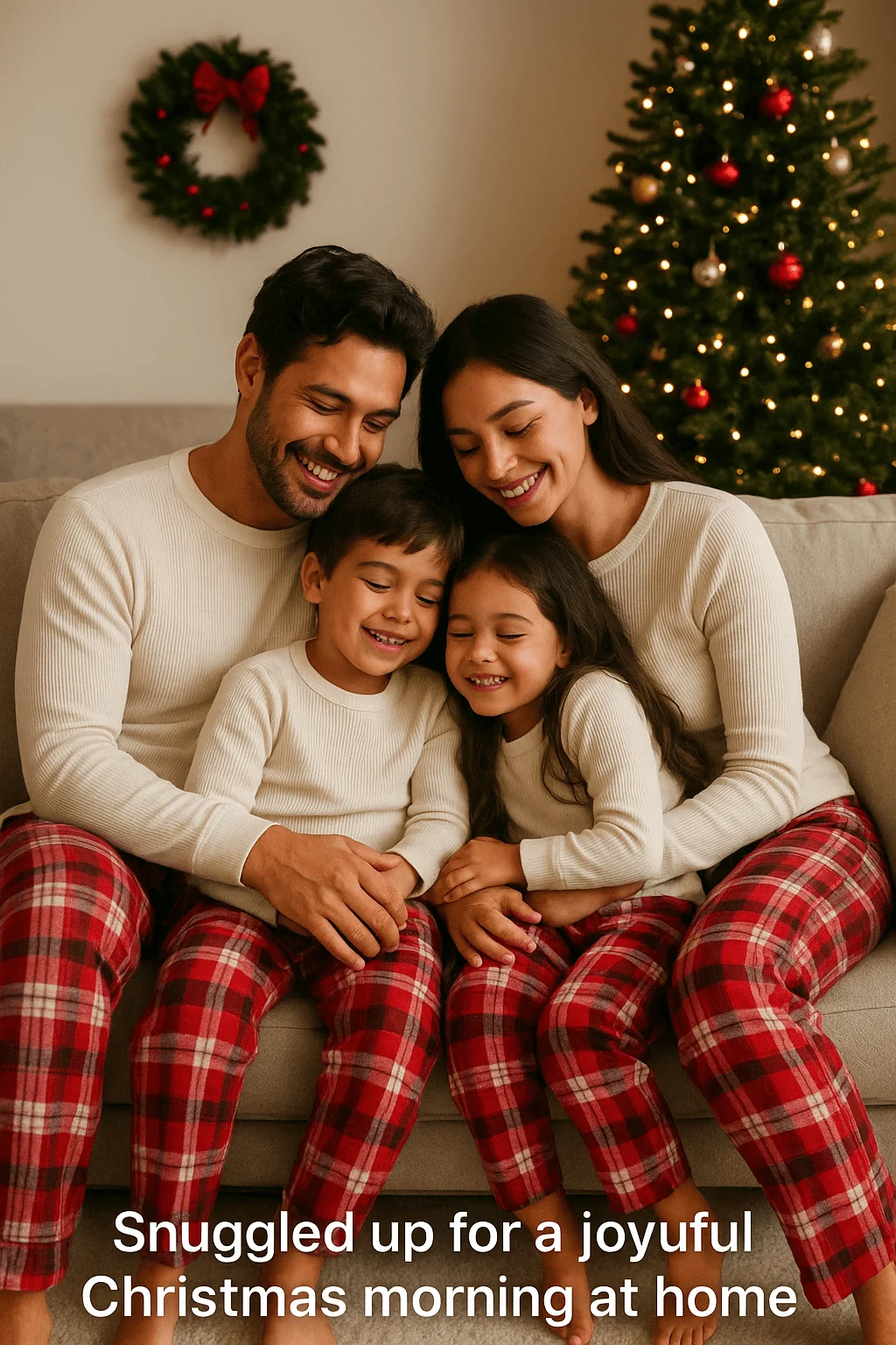 Family wearing matching Christmas pajamas sitting together on a sofa with a decorated Christmas tree and wreath in the background