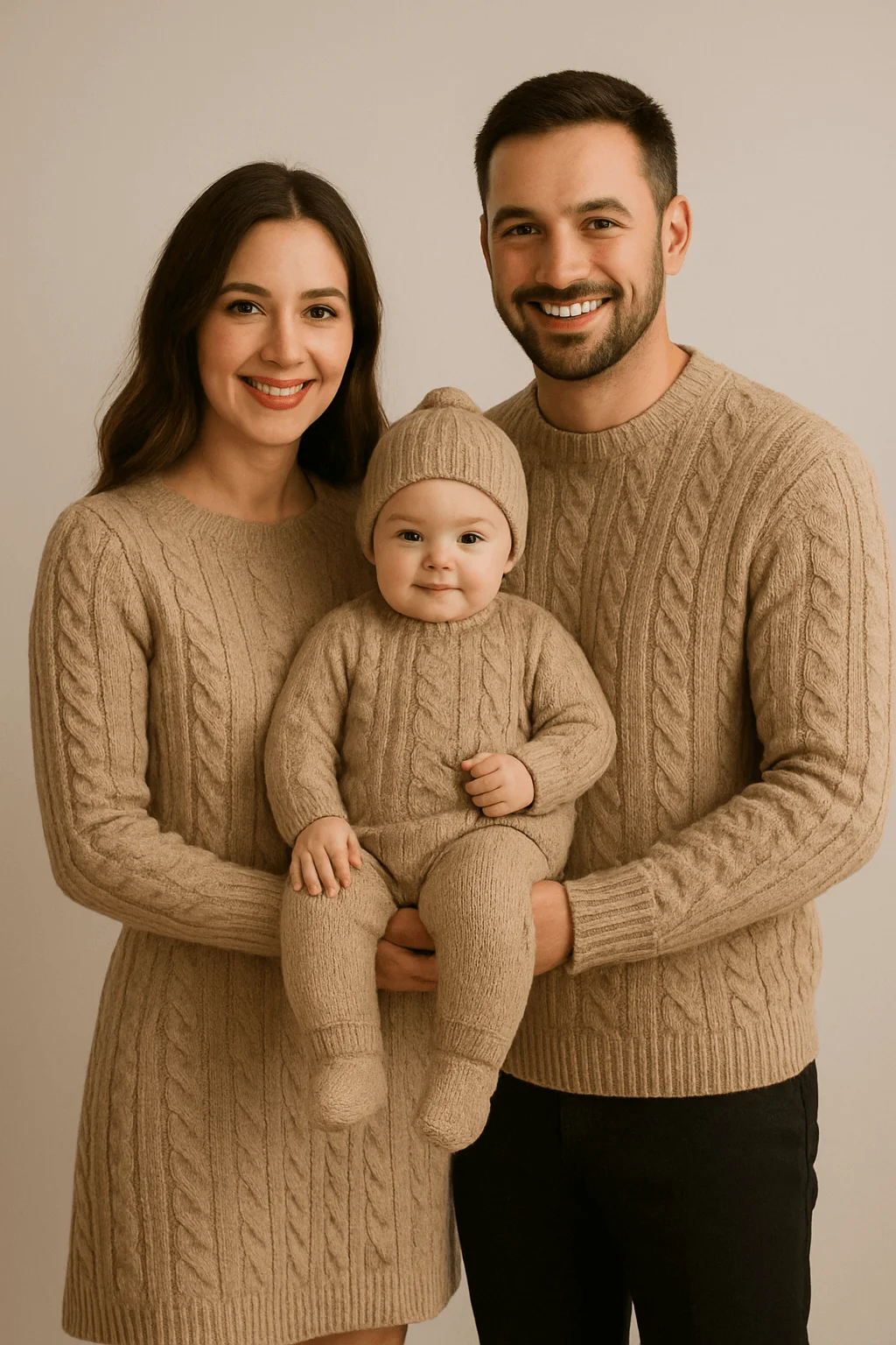 Family wearing matching beige cable-knit outfits, with the mother in a sweater dress, the father in a knit sweater, and their baby in a coordinating knit romper and hat, posing together in a warm neutral studio setting.