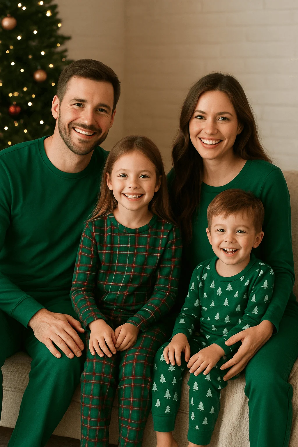A smiling family of four wearing matching green Christmas pajamas poses together indoors. The parents sit behind their young son and daughter, who are dressed in festive printed pajama sets. A decorated Christmas tree with lights is visible in the background.