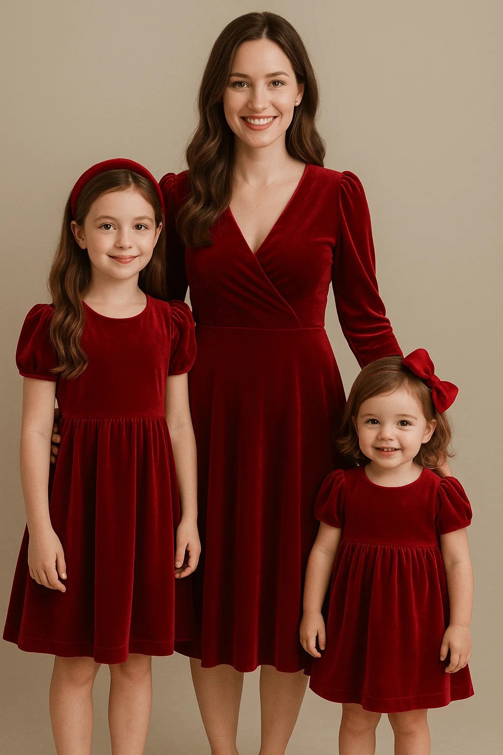 Mother and daughters wearing matching red velvet dresses for a Christmas photo on a neutral studio background