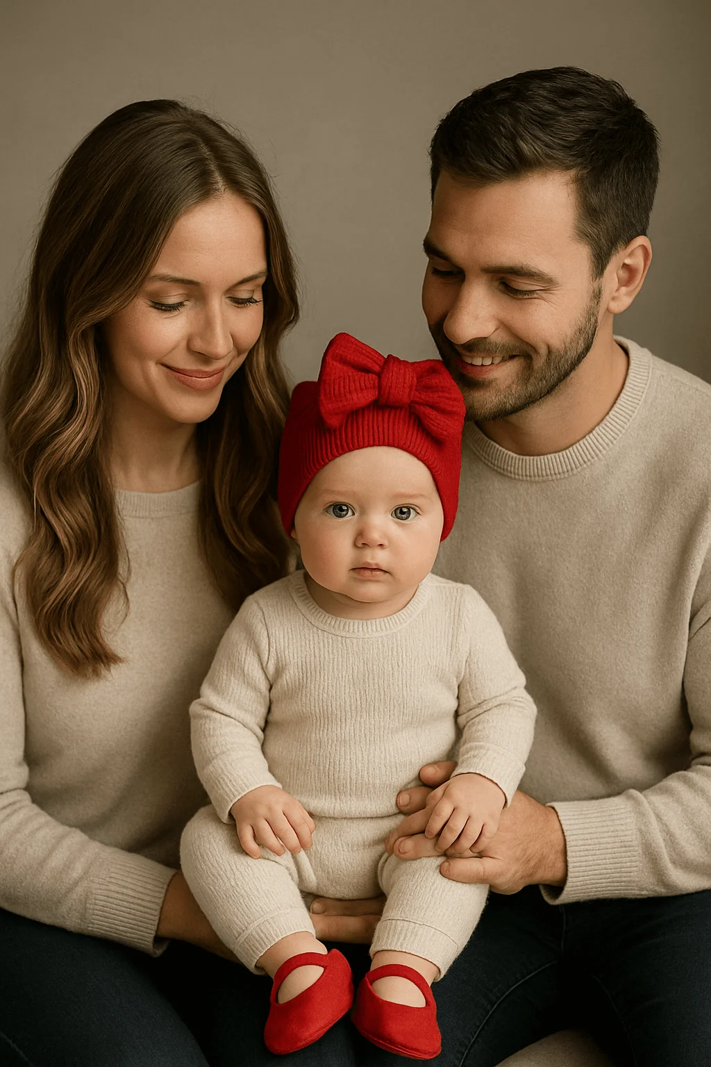 Parents wearing soft beige sweaters hold their baby dressed in a cream knit outfit with bold red accessories, including a large red bow hat and red shoes, posing together in a warm studio setting.