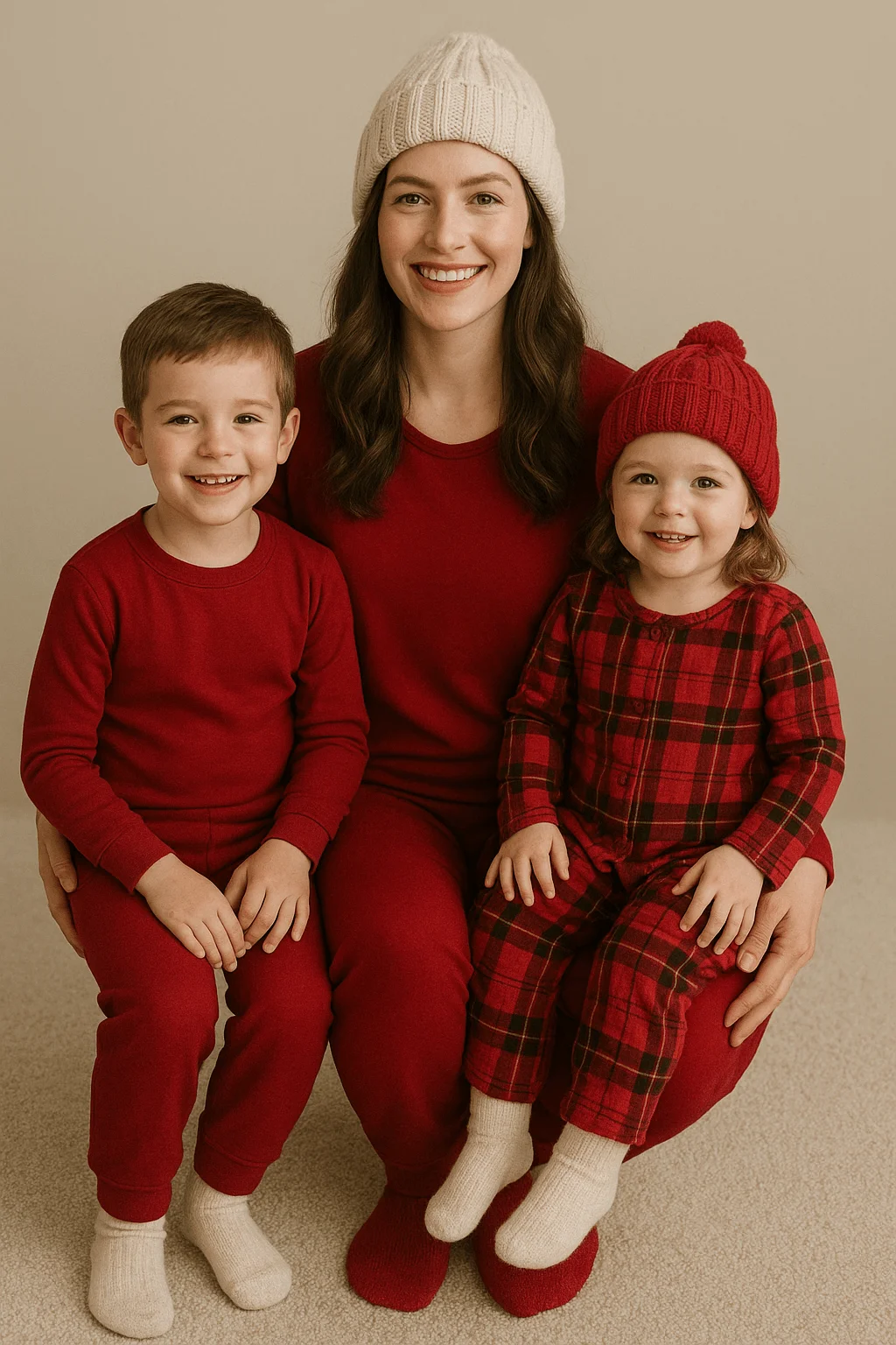 A mother and two young children wearing matching cozy red pajamas sit together on a light beige carpet. The mother wears a cream knit beanie, the boy on the left is dressed in solid red pajamas, and the little girl on the right wears a red plaid onesie with a red knit beanie. All are smiling warmly against a neutral background, creating a festive holiday look.