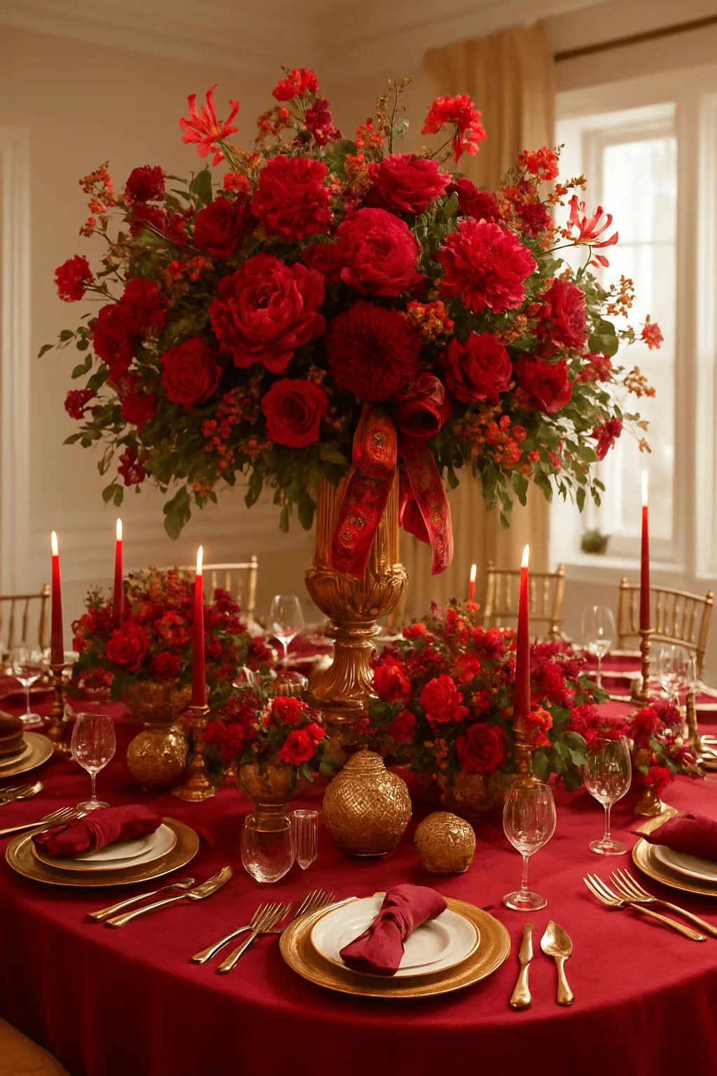 Luxurious red and gold Christmas table setting with large floral centerpiece red roses tapered candles gold tableware and elegant holiday decor
