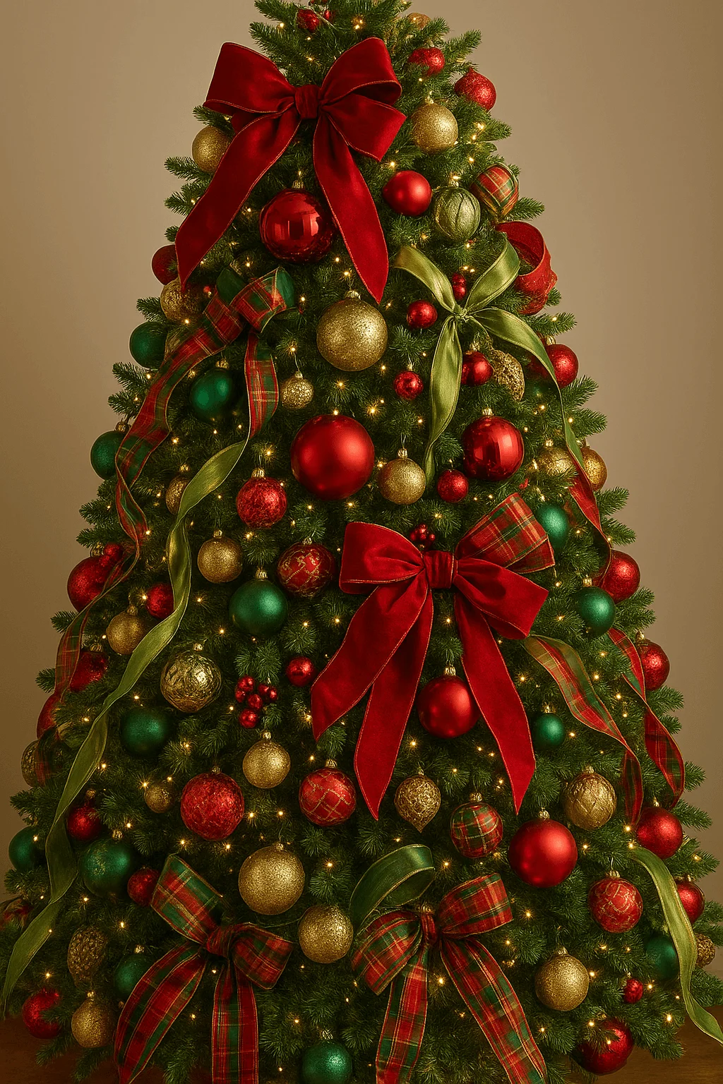 christmas tree decorated with red green and gold ornaments plaid ribbons and large red bows in classic festive style