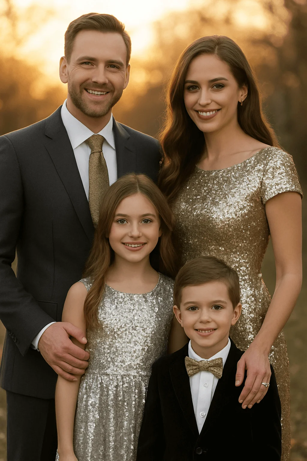 Elegant family holiday portrait with parents and two children dressed in gold and black formal outfits, featuring sequin dresses and a velvet suit, posing outdoors during golden hour fall sunset.