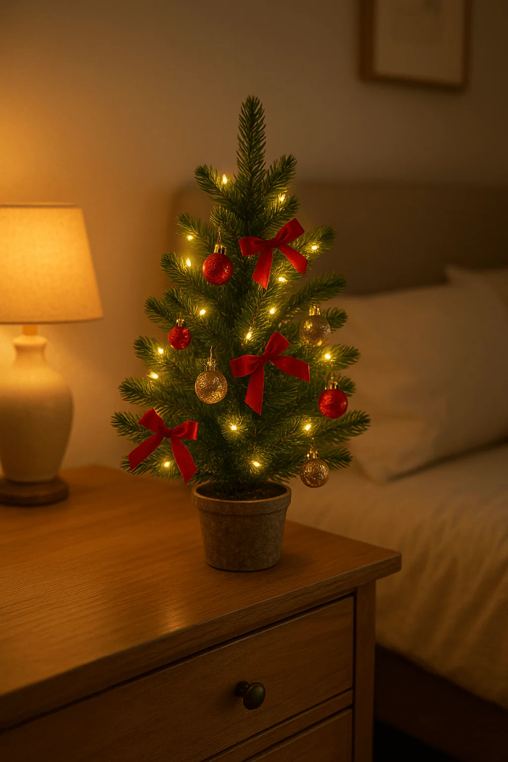 Mini Christmas tree with red bows and ornaments on bedside table with warm lights