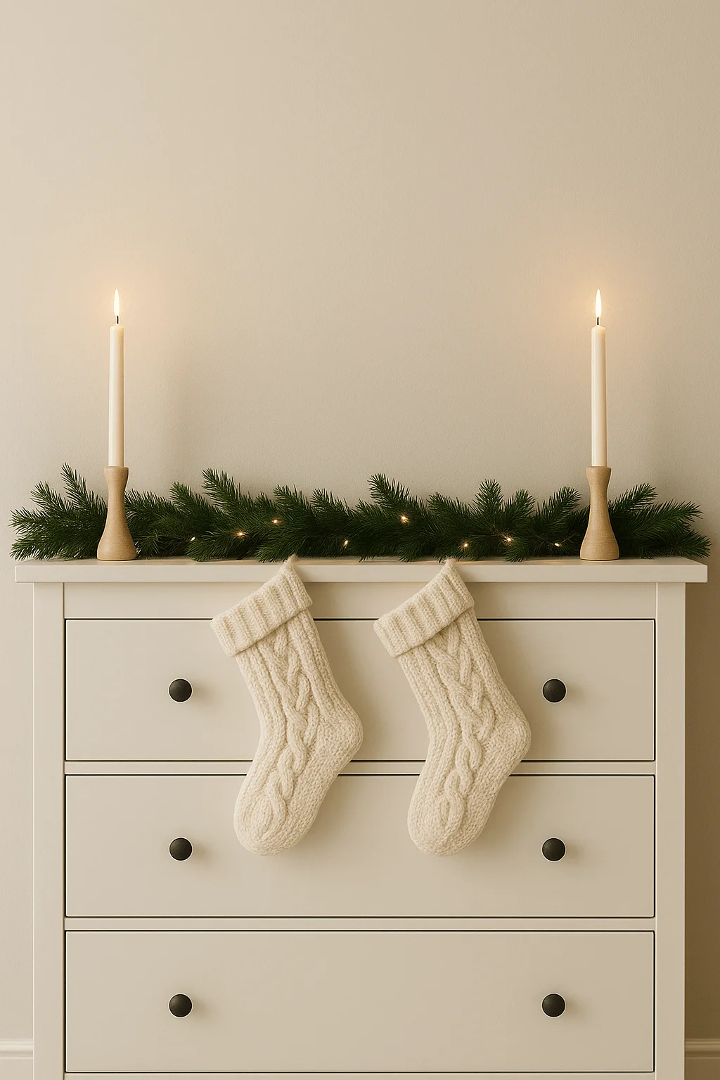 Minimalist holiday decor with cream knit stockings hanging from a white dresser, evergreen garland, and candles creating a simple cozy Christmas look