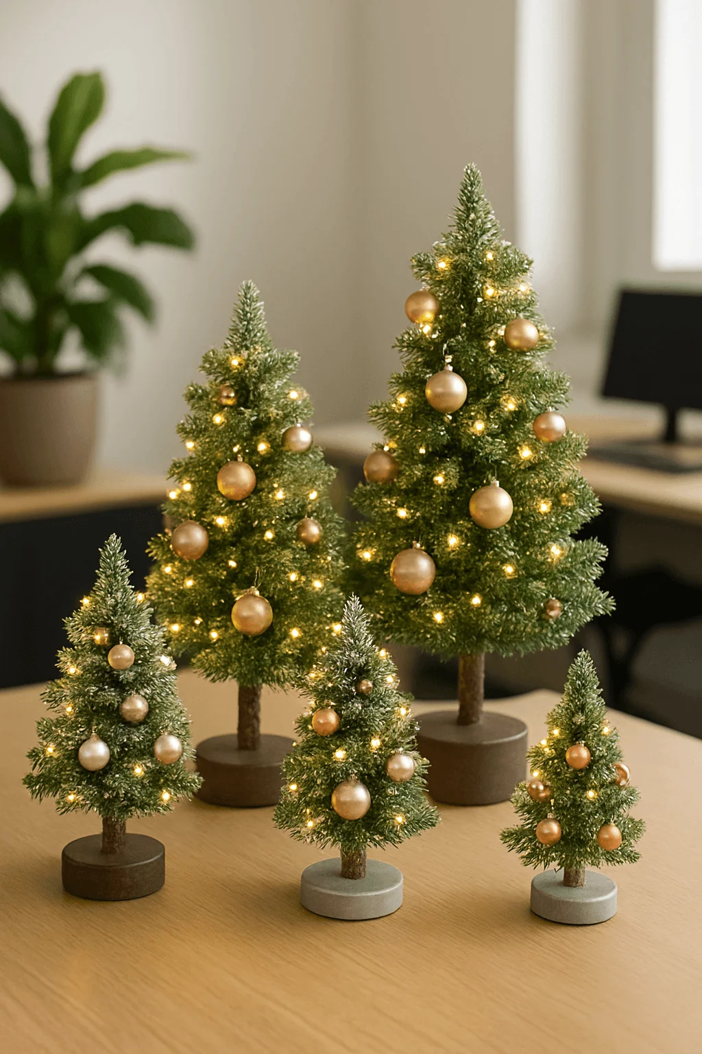 Small tabletop Christmas trees in an office setting, decorated with warm string lights and gold ornaments, grouped together on a wooden desk.