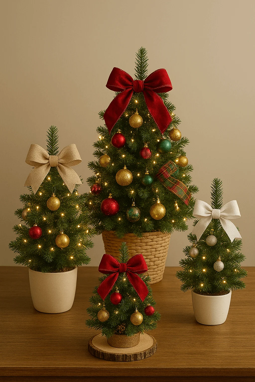 collection of small tabletop christmas trees decorated with red gold and silver ornaments and ribbon bows in festive holiday style