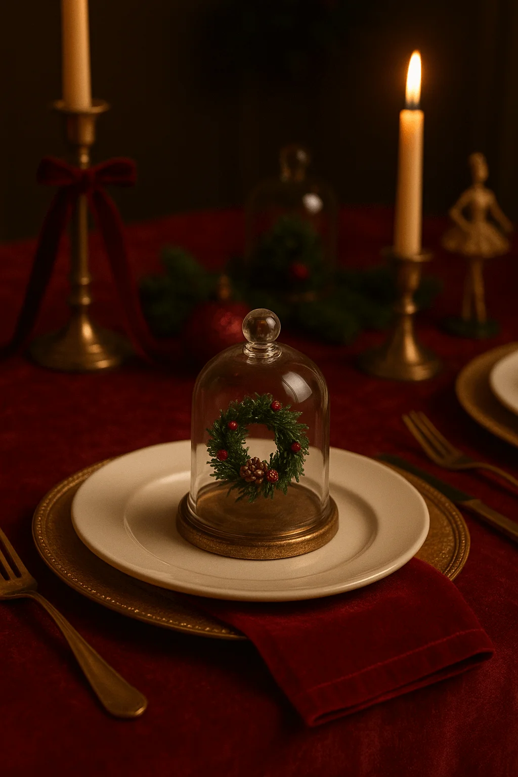 Moody vintage Christmas place setting with a miniature wreath displayed under a glass cloche on a white plate with gold charger, red velvet napkin, and brass candleholders with lit taper candles on a deep red tablecloth.
