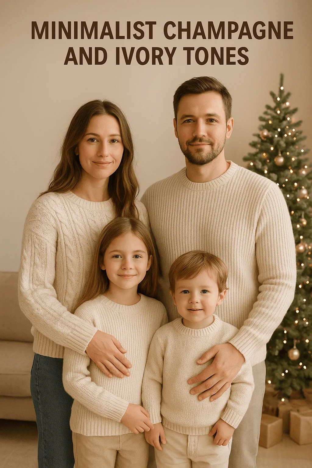 A family of four wearing matching cream and ivory knit sweaters poses indoors in front of a decorated Christmas tree. The parents stand behind their two children, creating a warm, minimalist holiday aesthetic in soft neutral tones.