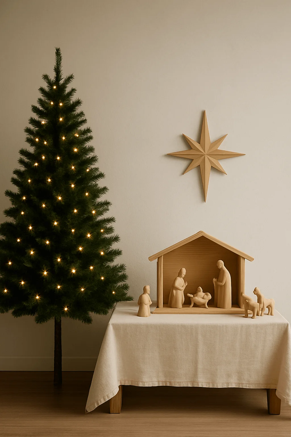 Minimalist nativity scene on a covered table beside a simple Christmas tree with warm lights and a wooden star on the wall in a church setting.
