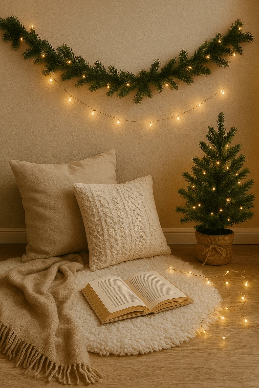 Cozy reading nook decorated for the holidays with warm string lights, a small lit Christmas tree, soft beige pillows, a knit blanket, and an open book on a fluffy rug beneath pine garland.