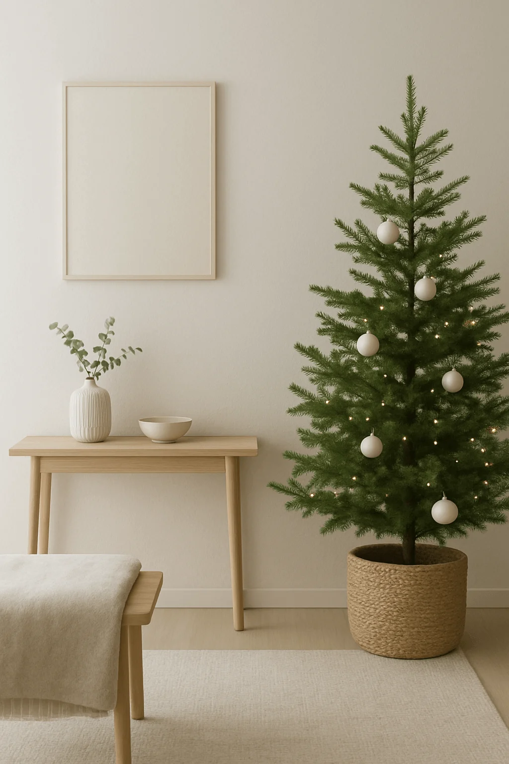 Minimalist Scandinavian Christmas scene featuring a simple evergreen tree with white ornaments and soft fairy lights, paired with light wood furniture, neutral décor, and clean, calming tones