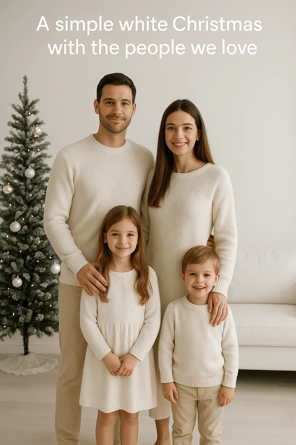A family of four dressed in coordinated white and cream outfits stands together in a bright, minimalist room beside a small decorated Christmas tree, smiling warmly.