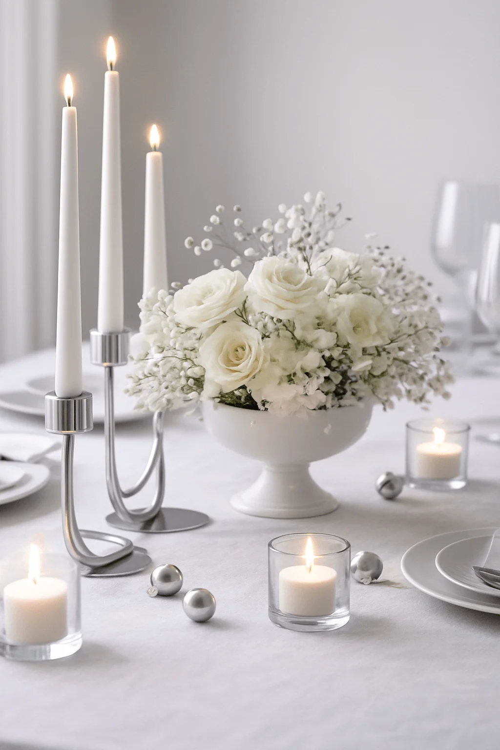 Minimalist white and silver Christmas tablescape with white roses, baby’s breath floral arrangement, lit taper candles, and small votive candles on a clean white table setting.