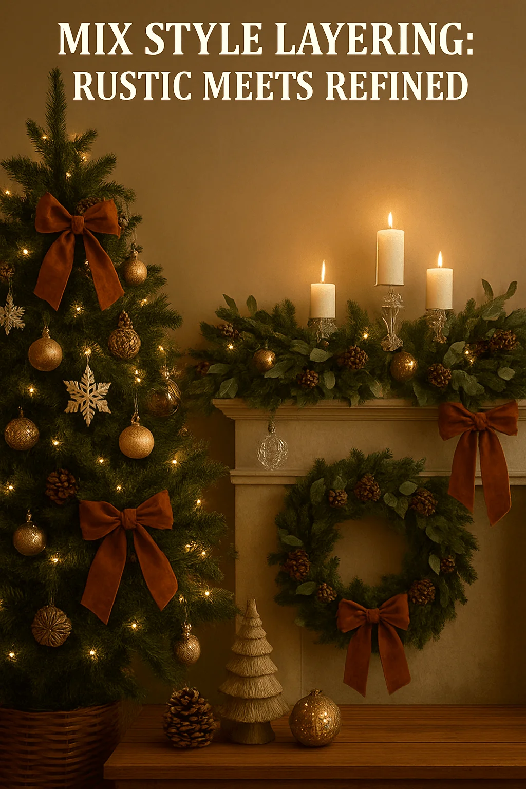Warm rustic-meets-refined Christmas décor featuring a tree decorated with gold ornaments, pinecones, and rich velvet bows, paired with a garland-draped mantel topped with glowing pillar candles and a matching wreath accented with earthy tones