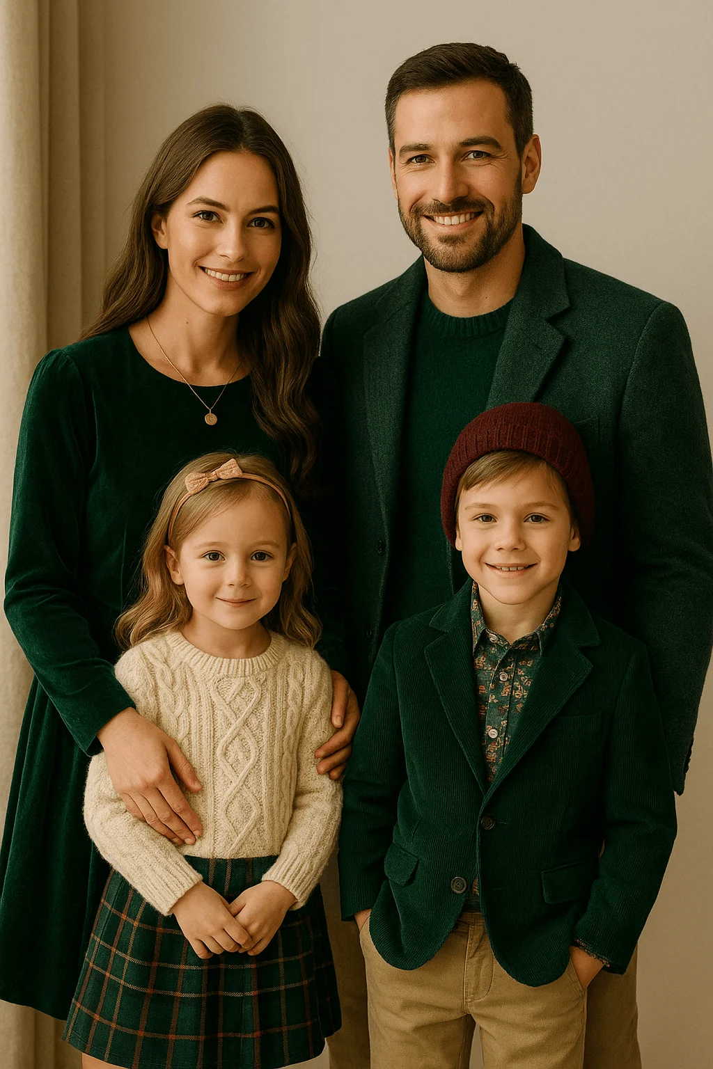 This family look blends rich forest greens with cozy textures for a warm holiday aesthetic. The mother’s velvet dress pairs beautifully with the father’s wool blazer and matching sweater, creating an elegant yet relaxed base. The children add playful contrast: the girl wears a cream cable-knit sweater with a plaid skirt, while the boy’s corduroy blazer and patterned shirt introduce layers of color and personality. Accessories like the burgundy beanie and soft bow headband tie in both holiday tones and youthful charm, making the overall palette feel coordinated without being overly uniform.