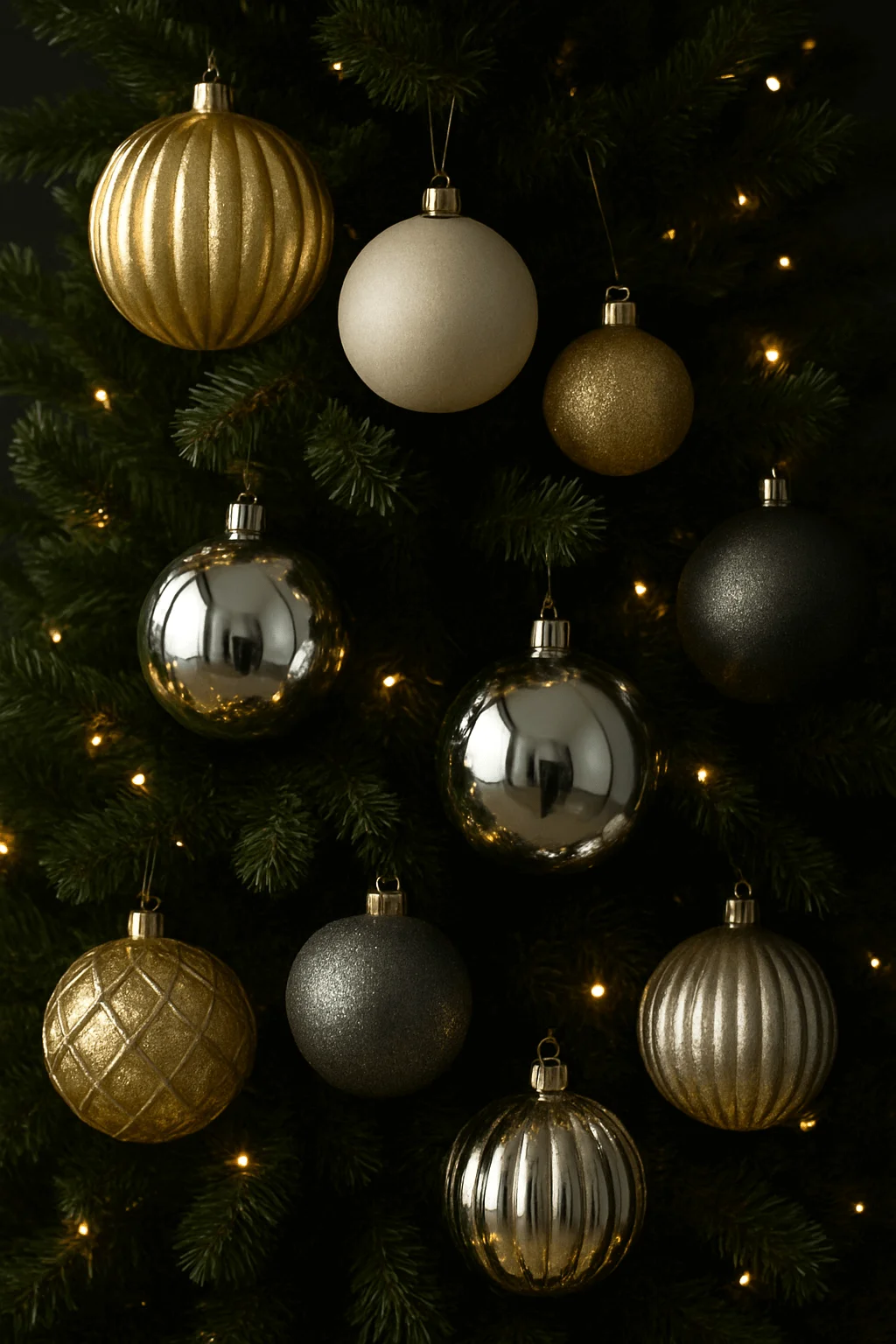 close up of christmas tree decorated with gold silver and chrome ornaments and warm fairy lights in modern mixed metallic style