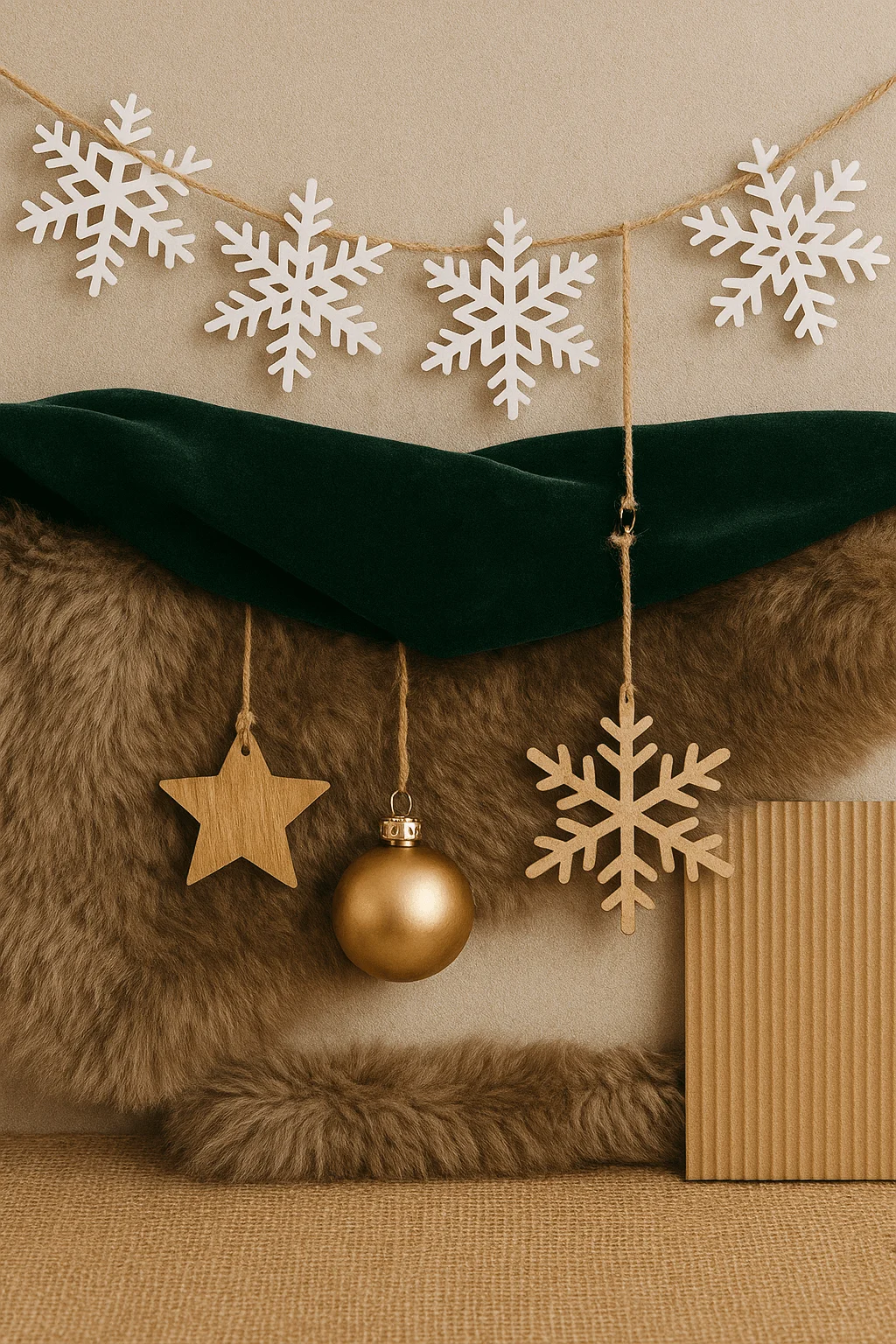 "Neutral holiday décor with layered textures including faux fur, green velvet, kraft paper, wooden star and snowflake ornaments, a gold bauble, and a garland of white snowflakes hanging on twine