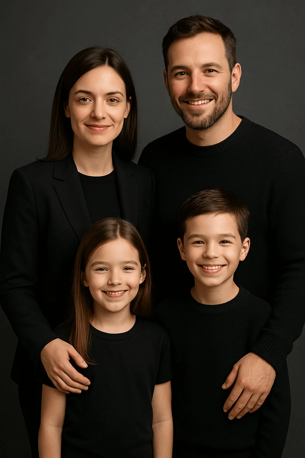 Family portrait with two adults and two children dressed in coordinated black outfits, posing together against a dark backdrop.