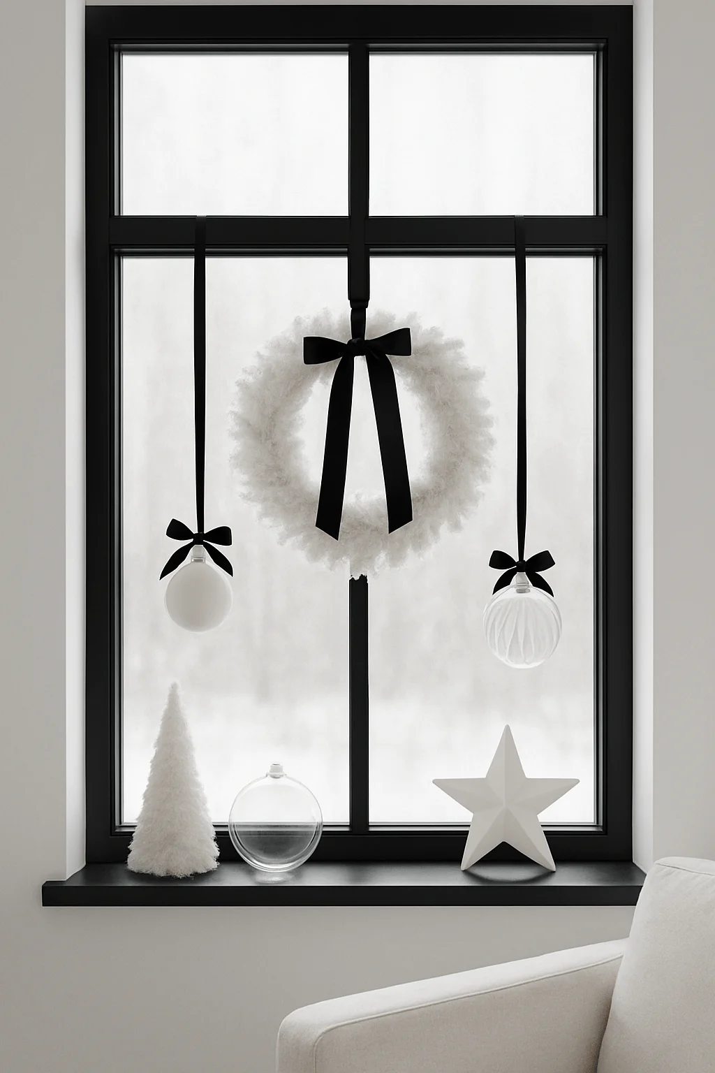 Minimal modern window decorated with a fluffy white wreath black ribbon hanging ornaments a small white tree a clear glass bauble and a white star creating a clean black and white holiday aesthetic