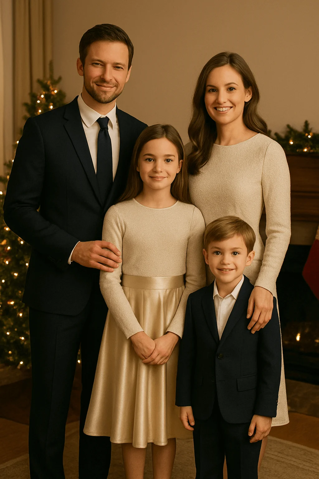 A family of four stands together indoors in front of a Christmas tree, dressed in coordinated formal outfits with the parents and daughter in light gold and the father and son in dark navy suits.