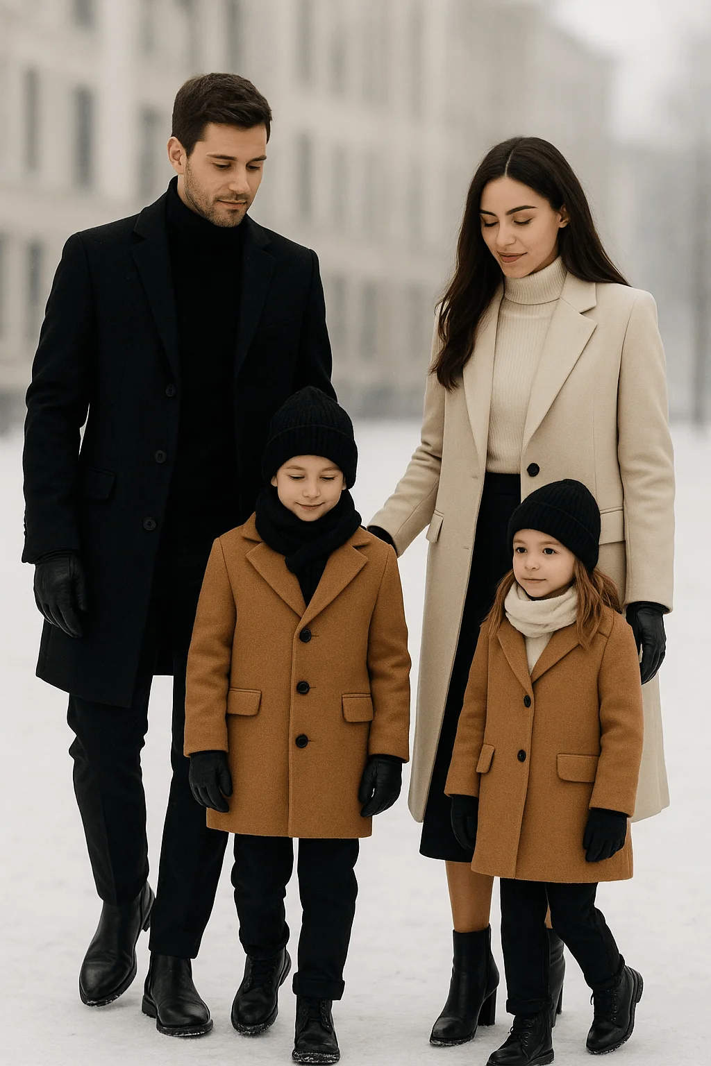 Family in modern neutral winter coats and black accessories walking together in snowy city for holiday photos