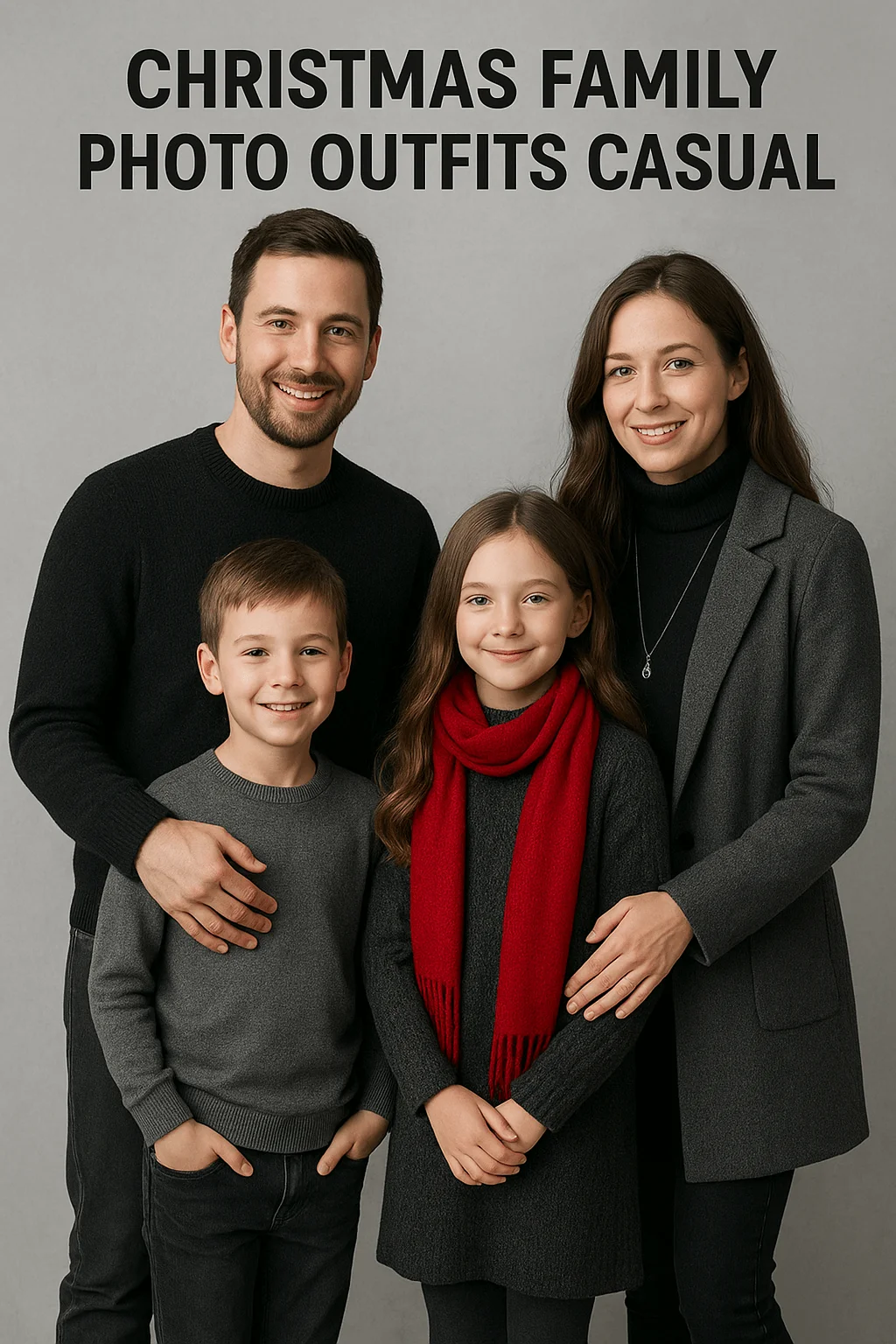 A family of four poses in coordinated monochrome outfits against a gray background. The parents wear black and dark gray clothing, while the son wears a gray sweater and black jeans. The daughter wears a dark gray dress paired with a bold red scarf that adds a festive accent. Text above them reads “Christmas Family Photo Outfits Casual.” All are smiling and standing closely together.