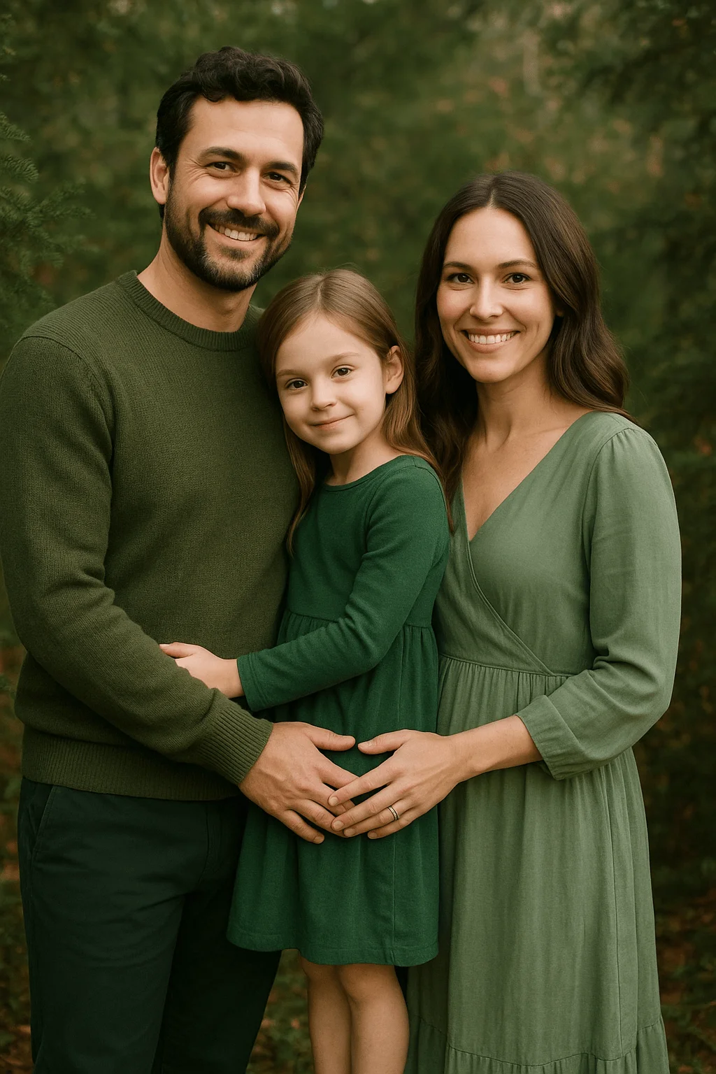 Family photo wearing matching green outfits in a natural outdoor setting with trees in the background