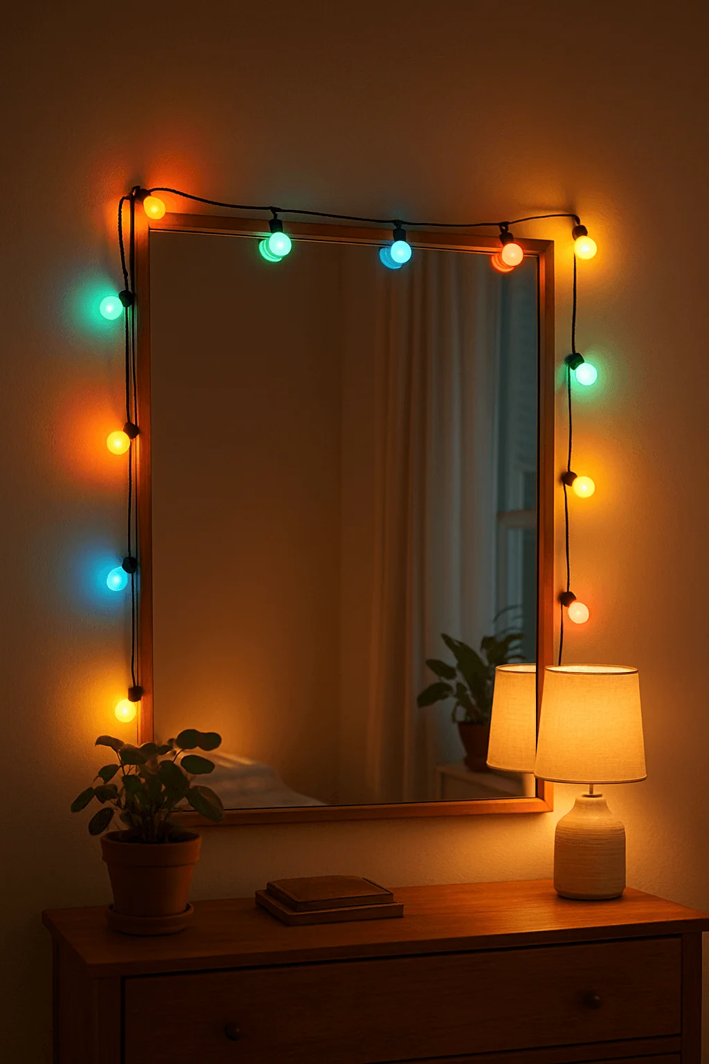Cozy room with colorful retro string lights framing a mirror, warm lamp glow, and simple wooden decor creating a cheerful vintage holiday vibe