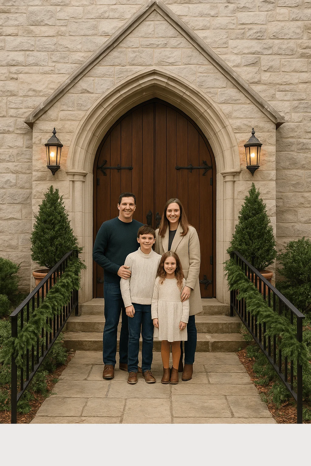 Neutral outfit family Christmas photo in front of a stone church entrance with evergreen garlands and wooden arched doors