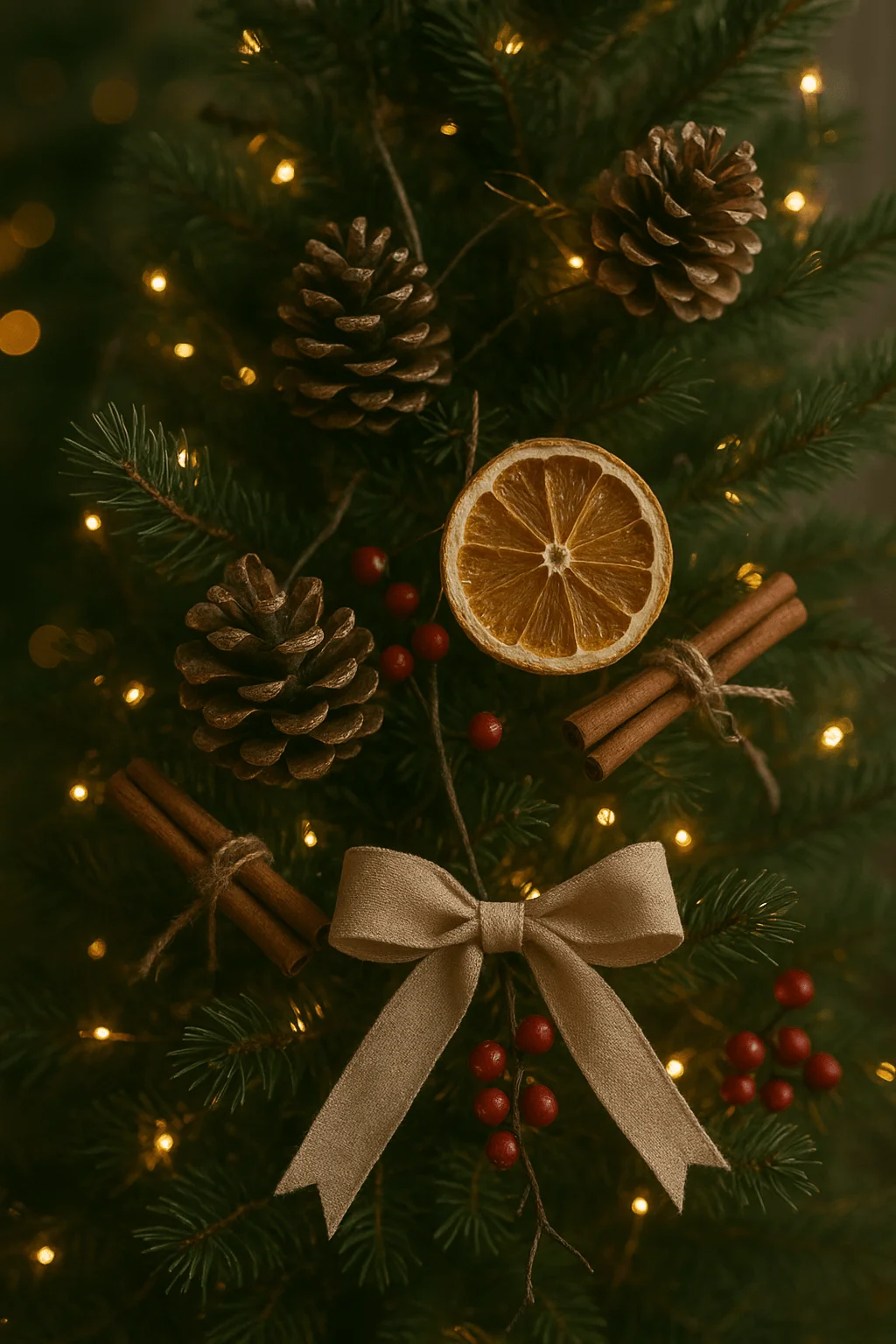 close up of christmas tree decorated with pinecones dried orange slices cinnamon sticks red berries and beige ribbon bow in natural rustic style