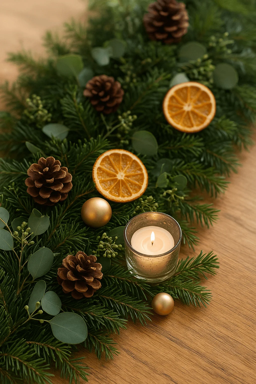 Natural Christmas table garland with pine branches dried orange slices pinecones gold ornaments and a lit candle centerpiece
