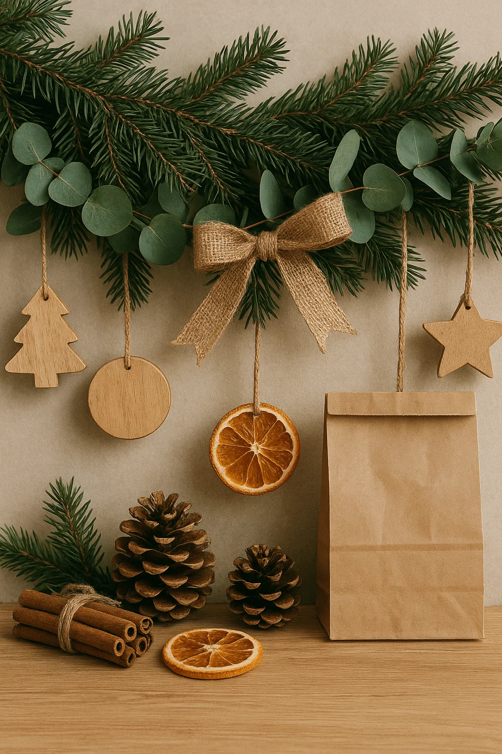 Natural Christmas themed display with evergreen branches eucalyptus burlap bow wooden ornaments dried orange slices pinecones cinnamon sticks and a kraft paper bag on a wooden surface