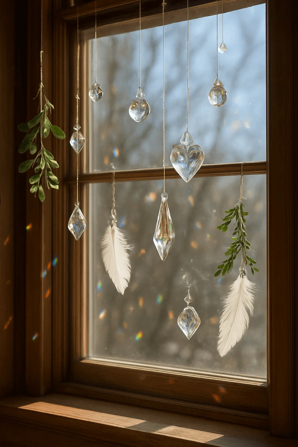 Sunlit window decorated with hanging crystal ornaments white feathers and small green sprigs creating soft rainbow reflections and a delicate nature inspired winter look