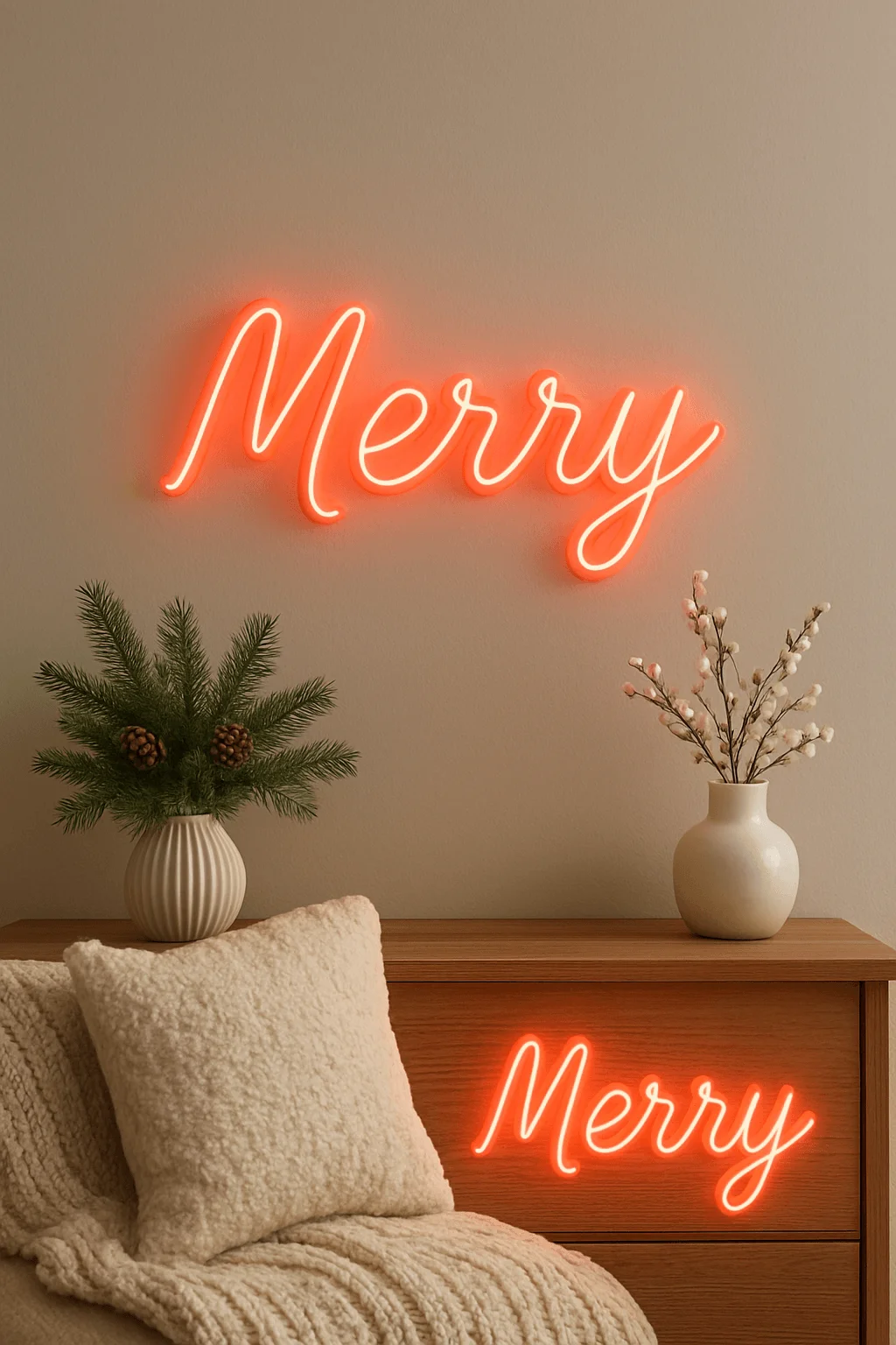 This image showcases a modern holiday aesthetic featuring glowing red-orange neon signs spelling “Merry” in elegant cursive. The warm neon light contrasts beautifully against neutral beige walls and cozy textures like a soft sherpa blanket and pillow. Simple greenery and minimalist vases add a touch of natural festivity, balancing the bold glow with organic calm.