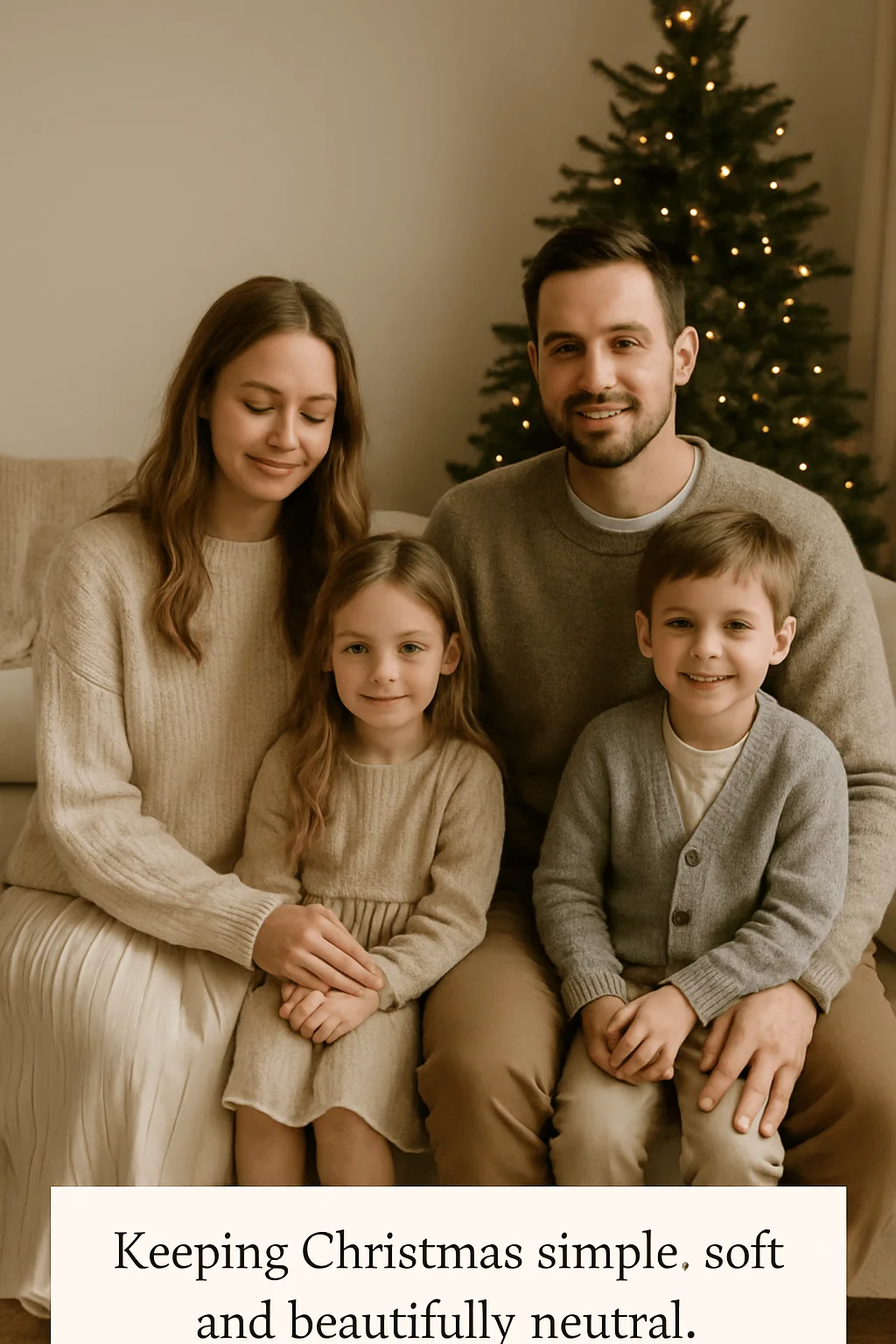 Family in soft neutral outfits sitting together indoors with a warmly lit Christmas tree in the background
