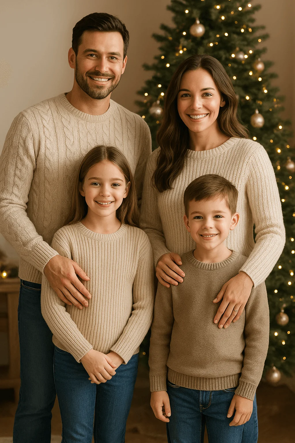Christmas family photo in front of a lit Christmas tree wearing matching neutral sweaters and blue jeans smiling together