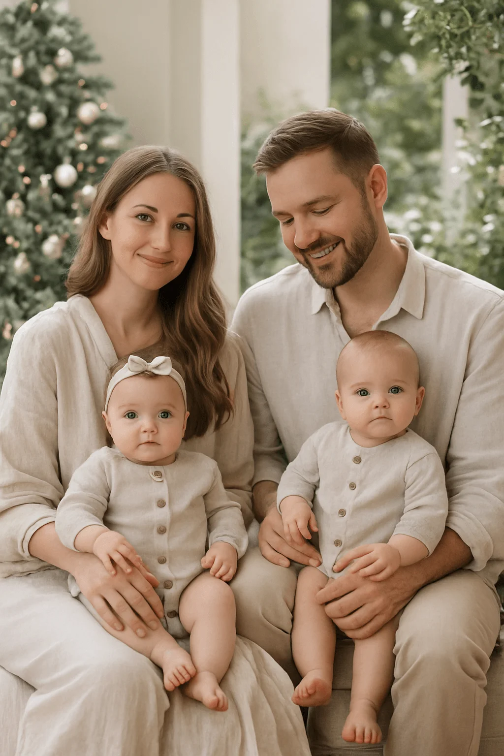 Family of four wearing coordinating neutral linen outfits, with parents seated holding their two babies dressed in matching light beige buttoned rompers, posing indoors beside a softly decorated Christmas tree and lush greenery.