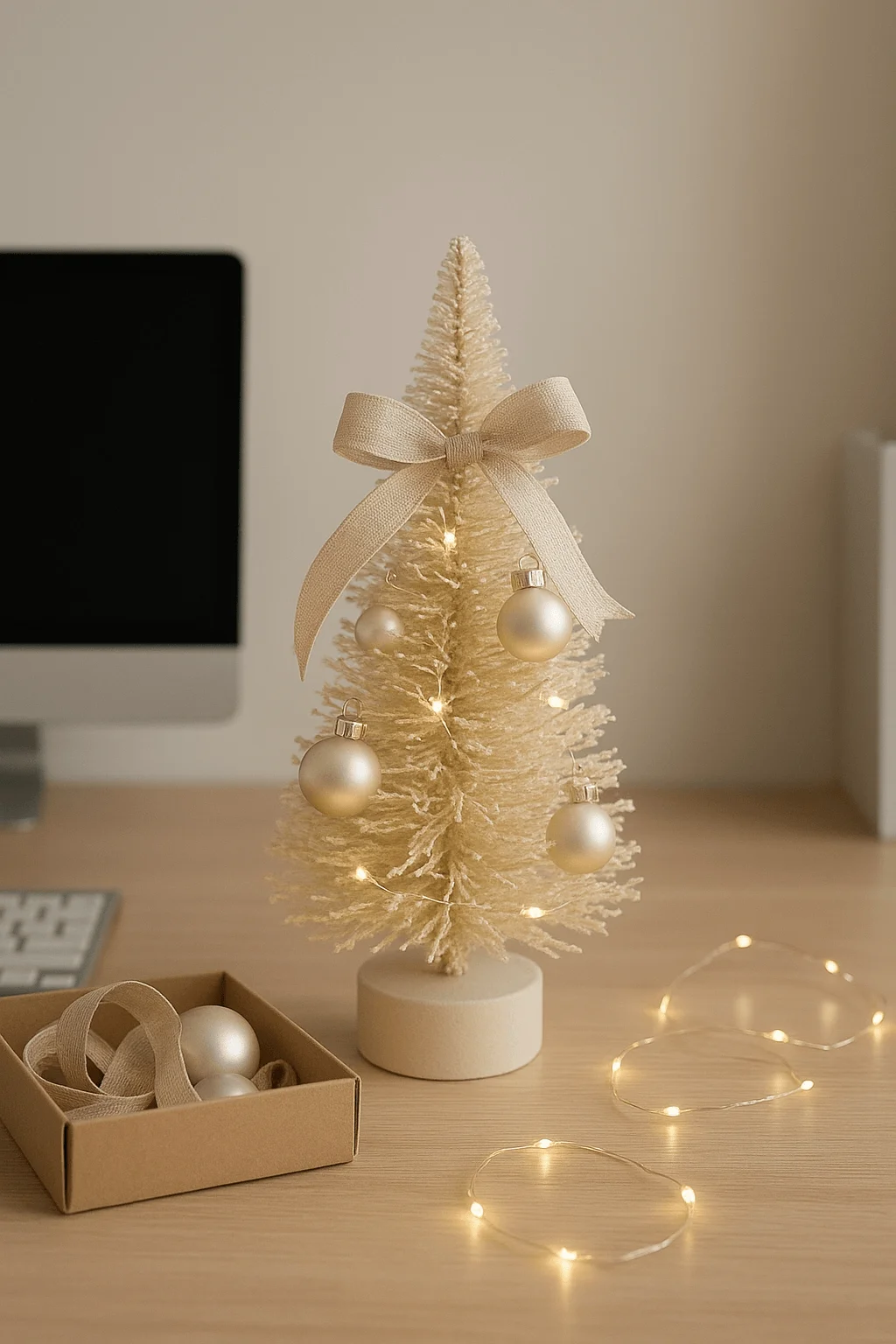 Neutral office desk Christmas decor featuring a small cream bottle brush tree with gold ornaments a ribbon bow and delicate string lights next to a box of decorations