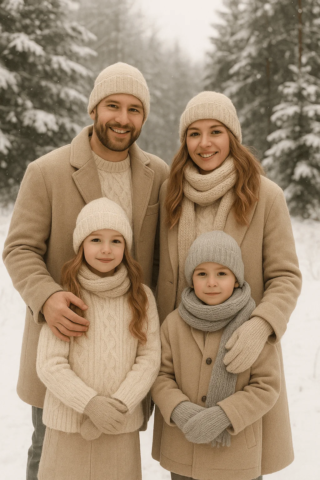 Family wearing matching neutral winter outfits posing in snowy forest for Christmas photos