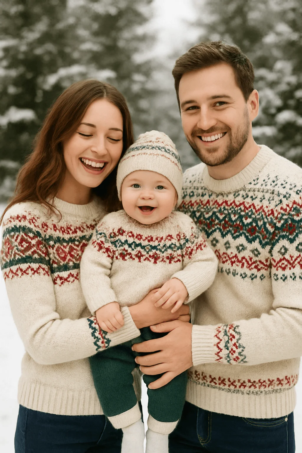 Family wearing matching cream Fair Isle sweaters with red and green patterns, holding their smiling baby in the snow with a wintry forest in the background.
