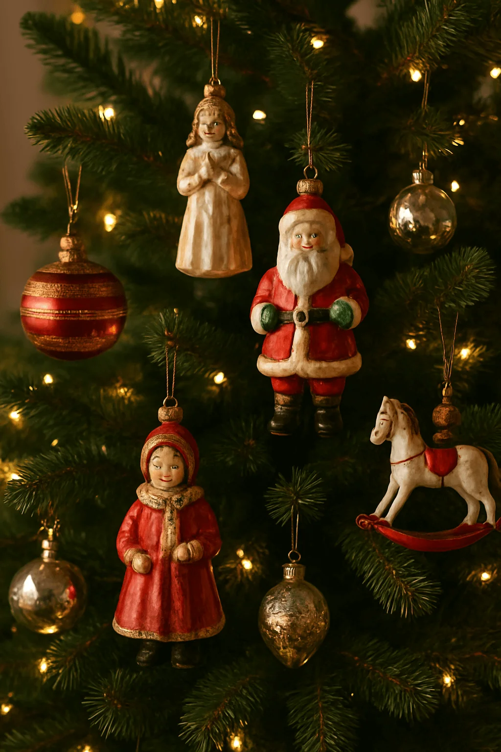 close up of christmas tree decorated with vintage ornaments including santa angel child and rocking horse figurines with warm fairy lights